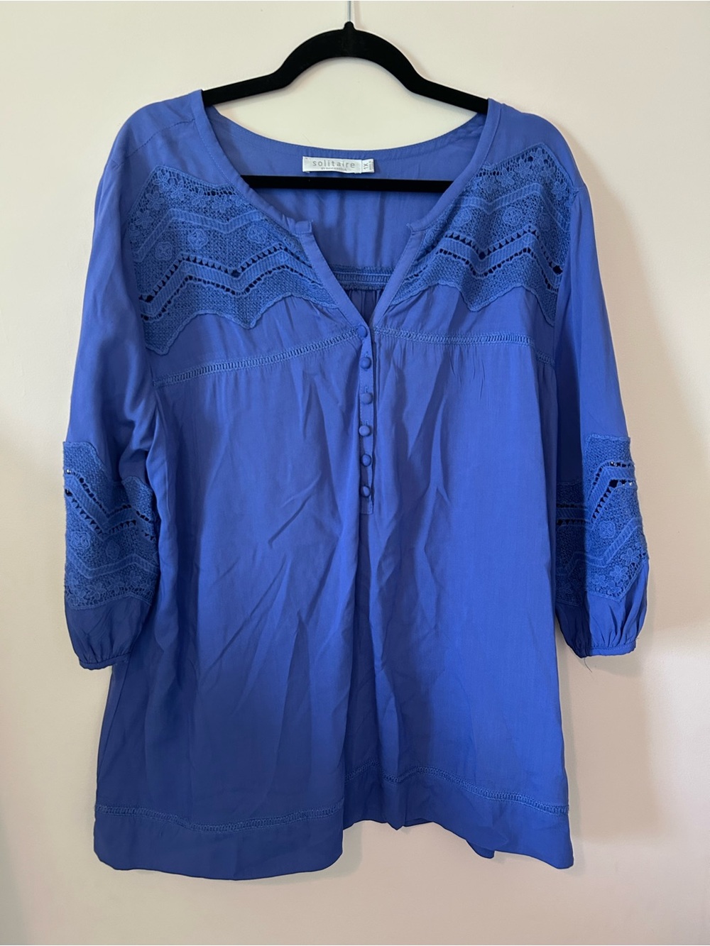 Solitaire Royal Blue Crochet Lace Peasant Blouse Top 1X Boho Rayon Cotton Tunic